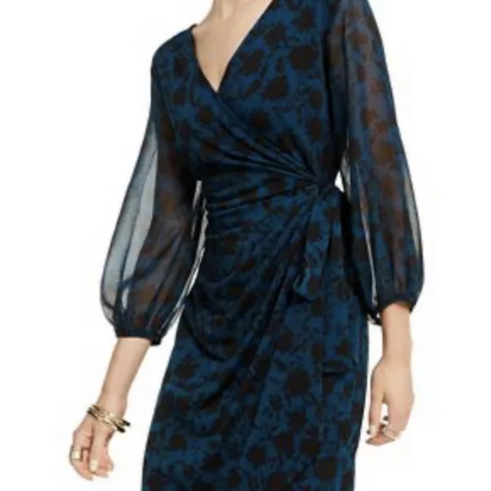 INC Teal Floral Sheer-Sleeve Faux Wrap Sz M